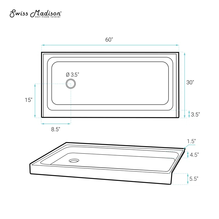 Voltaire 60 X 30 Shower Pan Base With Left Drain In Glossy