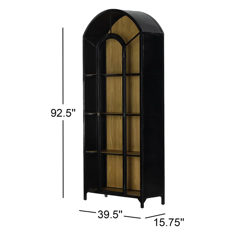 Tall Black Iron and Oak Arched Bookcase Cabinet