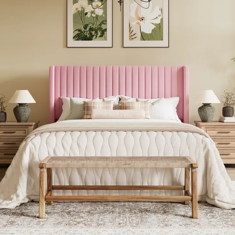 Candler Velvet Upholstered Platform Bed with Wingback Headboard and Wooden Slats