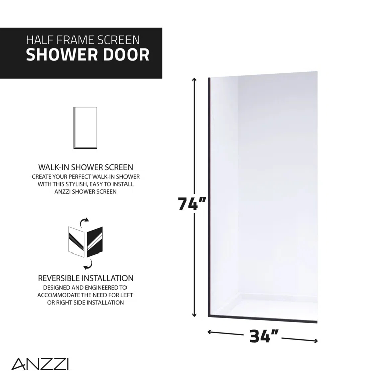 Veil Series 34” W x 74” H Frameless Glass Fixed Shower Screen Shower Door