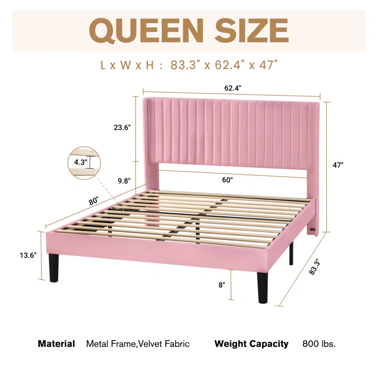 Candler Velvet Upholstered Platform Bed with Wingback Headboard and Wooden Slats