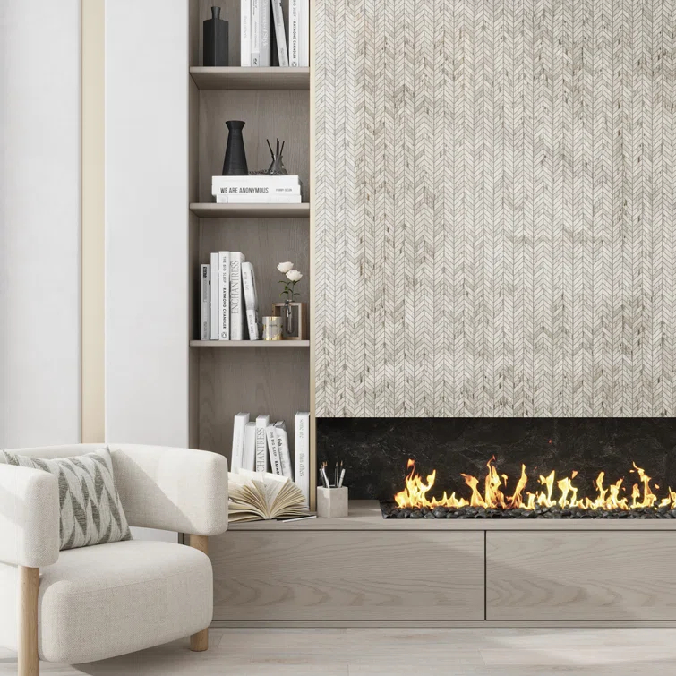 Mirage 11 X 13 In. Polished Frosted White With Gray Vein Marble Mosaic Chevron Wall And Floor Tile (4.9 Sq Ft/Case) - 5 Pack