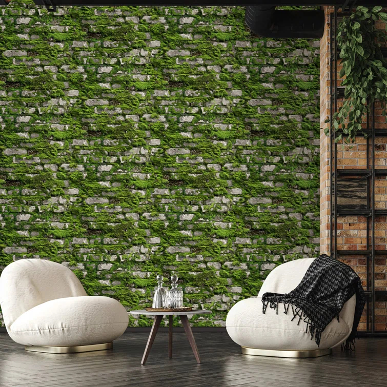 Bricks and More Collection Mossy Stone Wall Wallpaper Roll