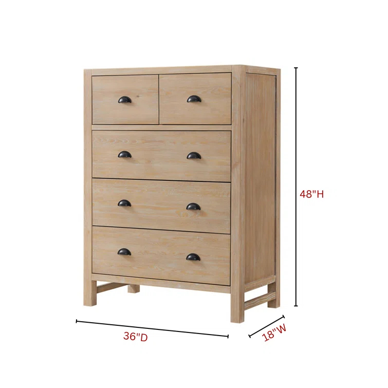 Arden 5-Piece Bedroom Set - Queen Bed, Two 2-Drawer Nightstands, 5-Drawer Chest, 6-Drawer Double Dresser, Solid Pine Wood, Light Driftwood Finish, Modern Rustic Style