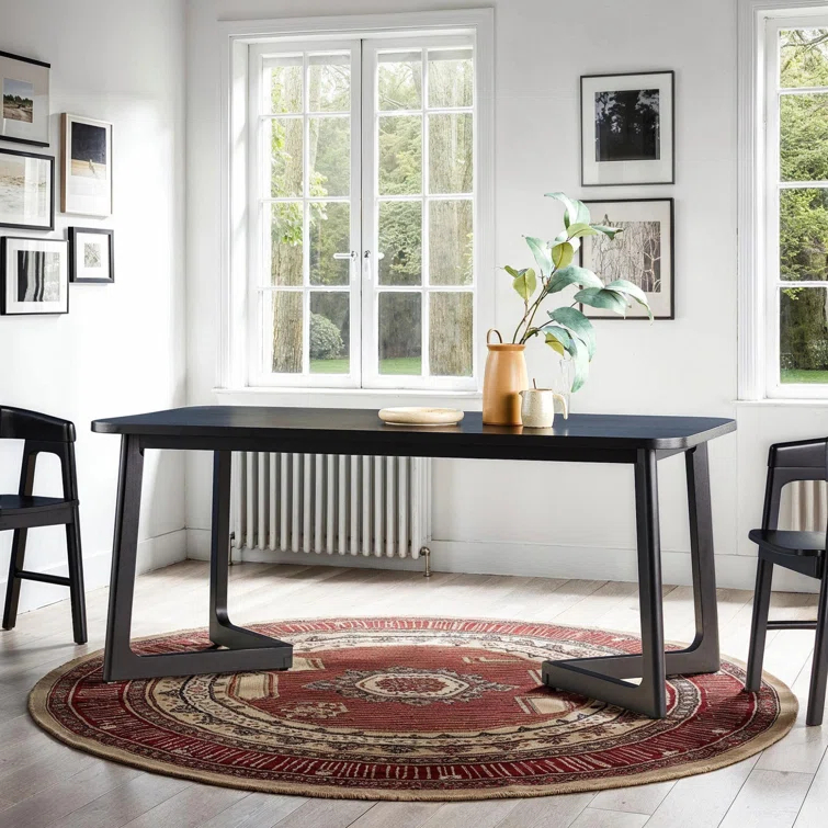 Modern Rectangle Solid Wood Veneer Dining Table for 6 with Geometric Leg Design