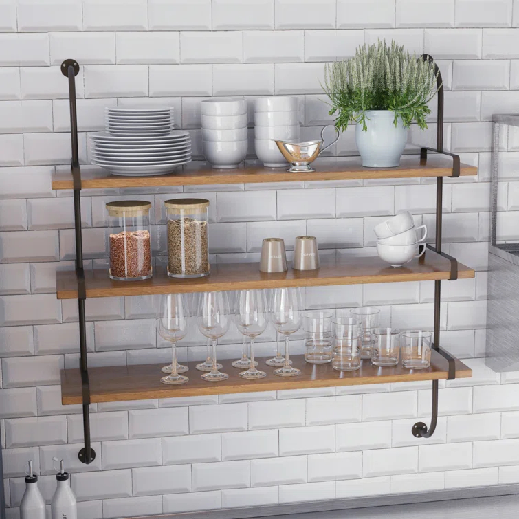 Wood 3 Level Wall Shelf with Black Metal Brackets