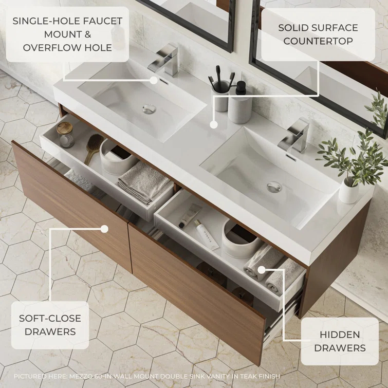 Mezzo 48" Wall Mount Single Sink Modern Bathroom Vanity with Medicine Cabinet - Faucet Not Included