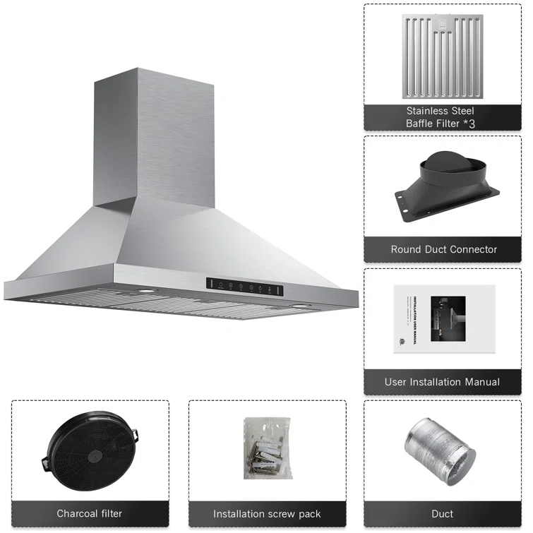 36" 900 CFM Convertible Wall Mount Range Hood with LED Lights & Hands-Free Control