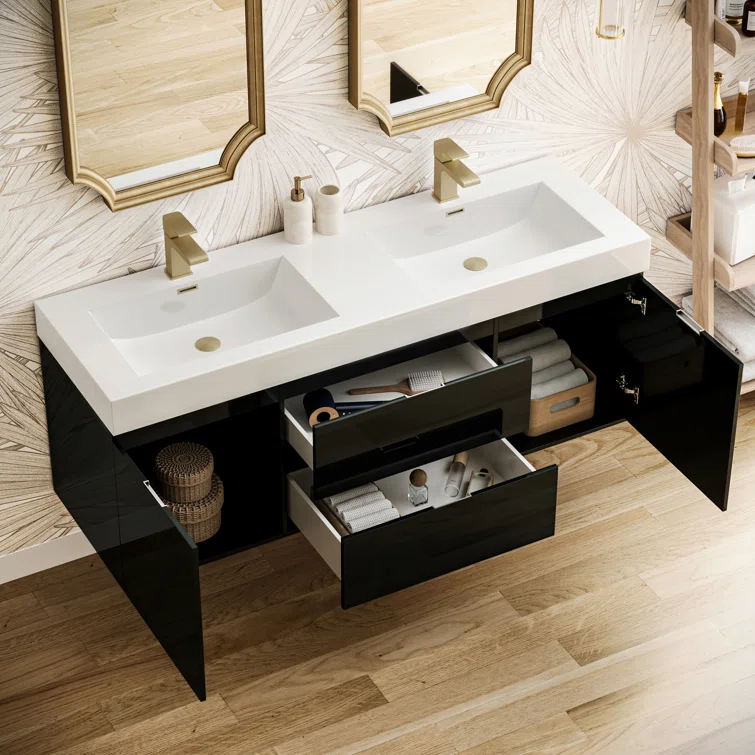 Valencia 60" Wall Mount Double Sink Bathroom Vanity with Top and Sinks (Faucets Not Included)