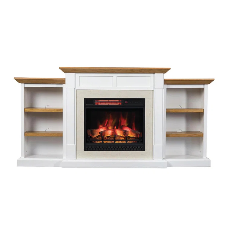 Country Living Belhaven 74 Inch Bookcase Mantel Package | 23 Inch Smart Electric Fireplace Insert Heater