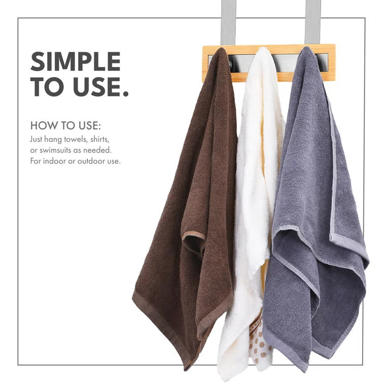 ToiletTree Products Bamboo and Stainless Steel Over-the-Door Hooks - 3 Hook Towel Rack for Bathroom, Utility, and Closet Organization