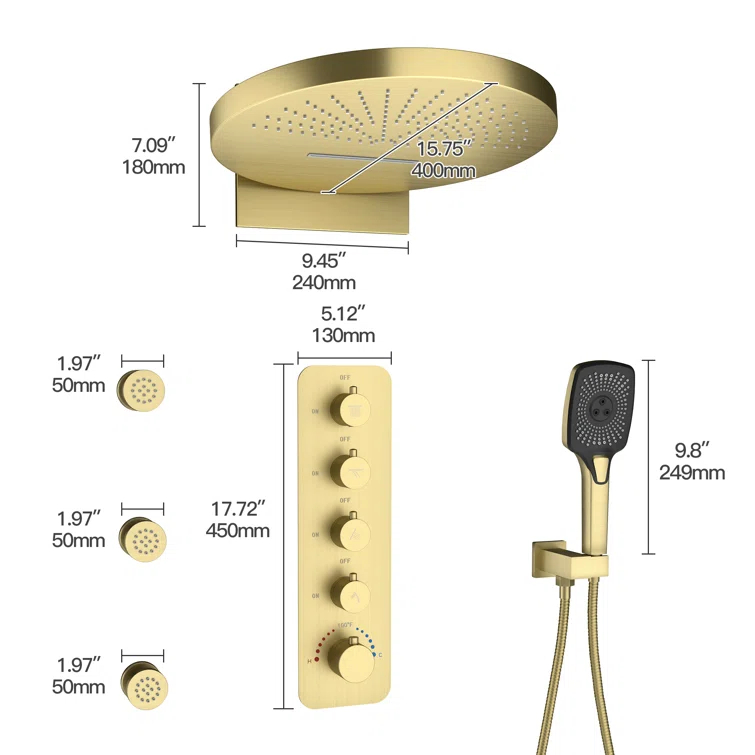 Ancoats 16" Wall Mounted Thermostatic Complete Shower System with 3-Function Handheld Spray and 3 Body Jets