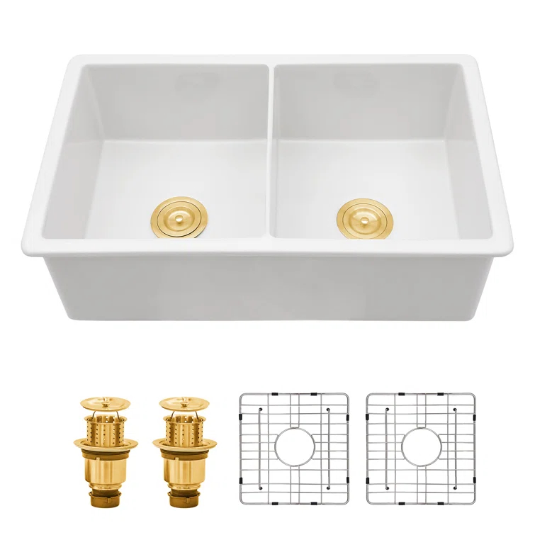 Sarlai 32'' L x 19" W White Ceramic 50/50 Double Basin Drop-In/Undermount Kitchen Sink with Sink Grids S-CSU3219-55