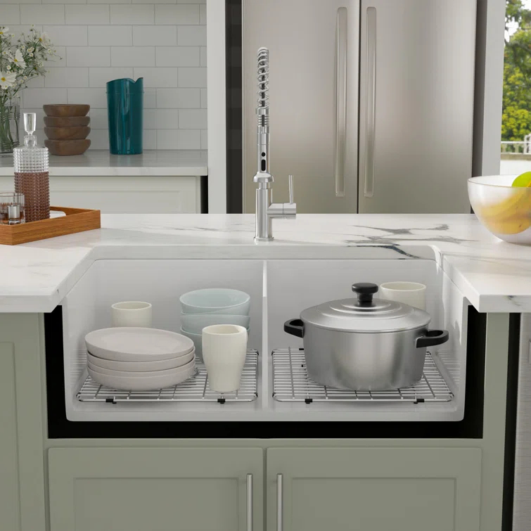 Sarlai 32'' L x 19" W White Ceramic 50/50 Double Basin Drop-In/Undermount Kitchen Sink with Sink Grids S-CSU3219-55
