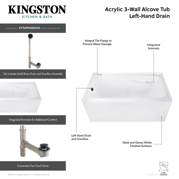 Kingston Brass Aqua Eden 54-Inch Acrylic Rectangular 3-Wall Alcove Tub With Armrests
