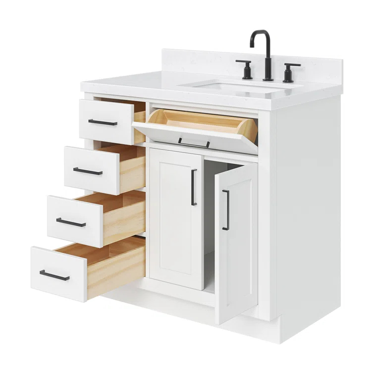 Wildon Home® Tidworth 36'' Solid Wood Single Bathroom Vanity with 1.5'' Carrara Quartz Top, Right Offset Rectangular Sink