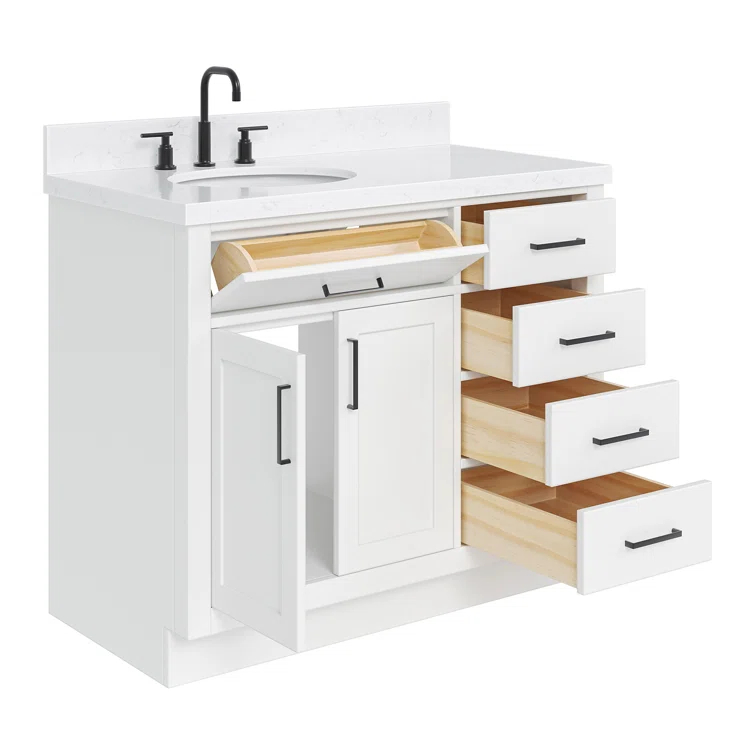 Hokku Designs Thornaby 42'' Solid Wood Single Bathroom Vanity with 1.5'' Carrara Quartz Top, Left Offset Oval Sink