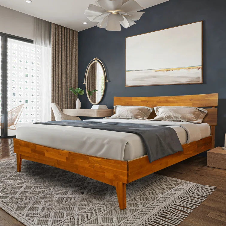 Acacia Aurora Premium Solid Wood Platform Bed Frame and High Headboard, King Bed Frame with Headboard Included, Mid Century Modern Bed with 5 years Warranty