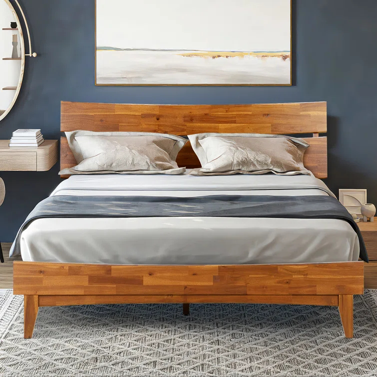 Acacia Aurora Premium Solid Wood Platform Bed Frame and High Headboard, King Bed Frame with Headboard Included, Mid Century Modern Bed with 5 years Warranty