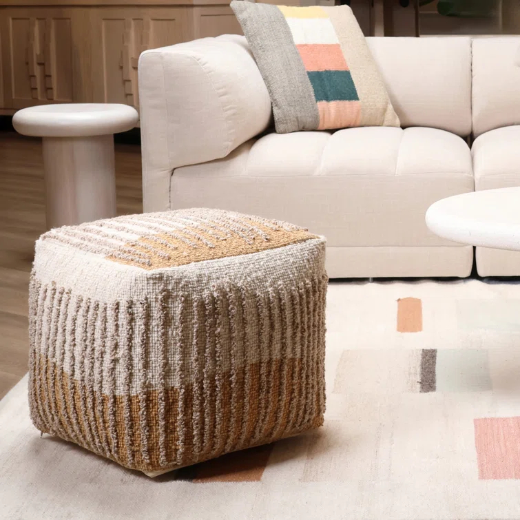 Eugene Mustard and Beige Handwoven Wool Pouf