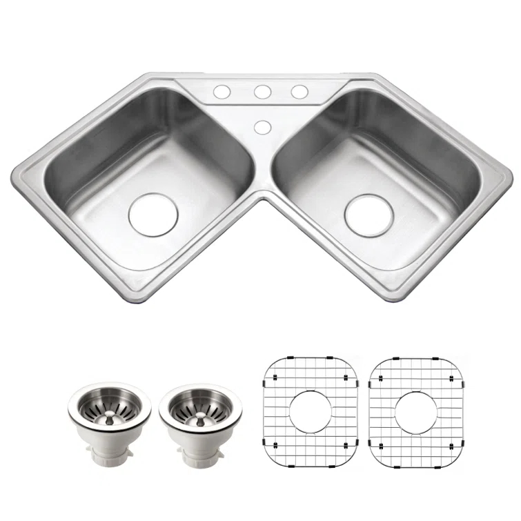 Houzer 32 in Stainless Topmount 4-hole 50/50 Double Corner Kitchen Sink w/ Strainer,Grid-LCR-3221-C