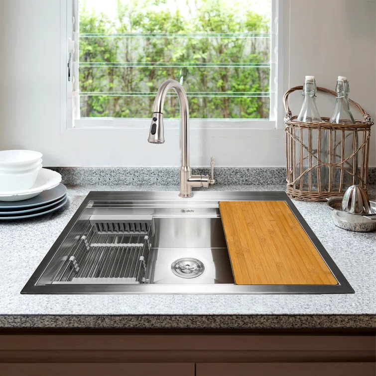 Topmount 30" L x 22" W Drop-In Kitchen Sink with Faucet and Basket Strainer