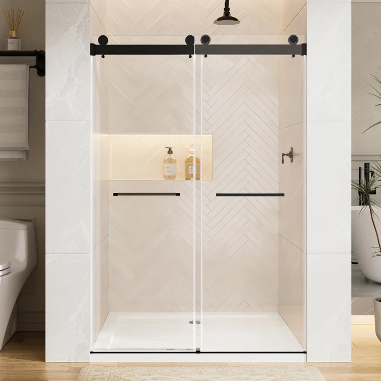 Rizzon 56-60 " W X 76 " H Double Sliding Frameless Shower Door  5/16" Tempered Glass, Stainless Steel Hardware | Wayfair
