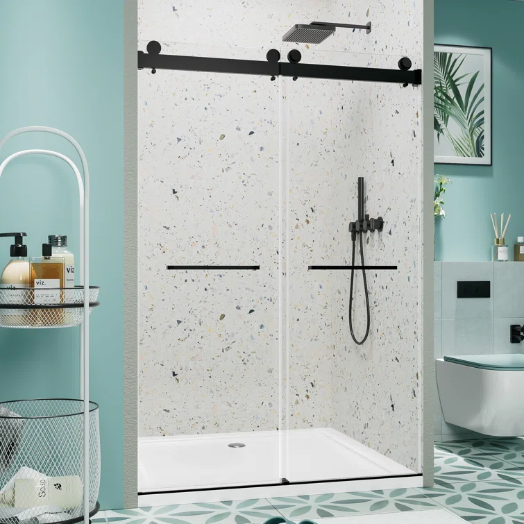 Rizzon 56-60 " W X 76 " H Double Sliding Frameless Shower Door  5/16" Tempered Glass, Stainless Steel Hardware | Wayfair
