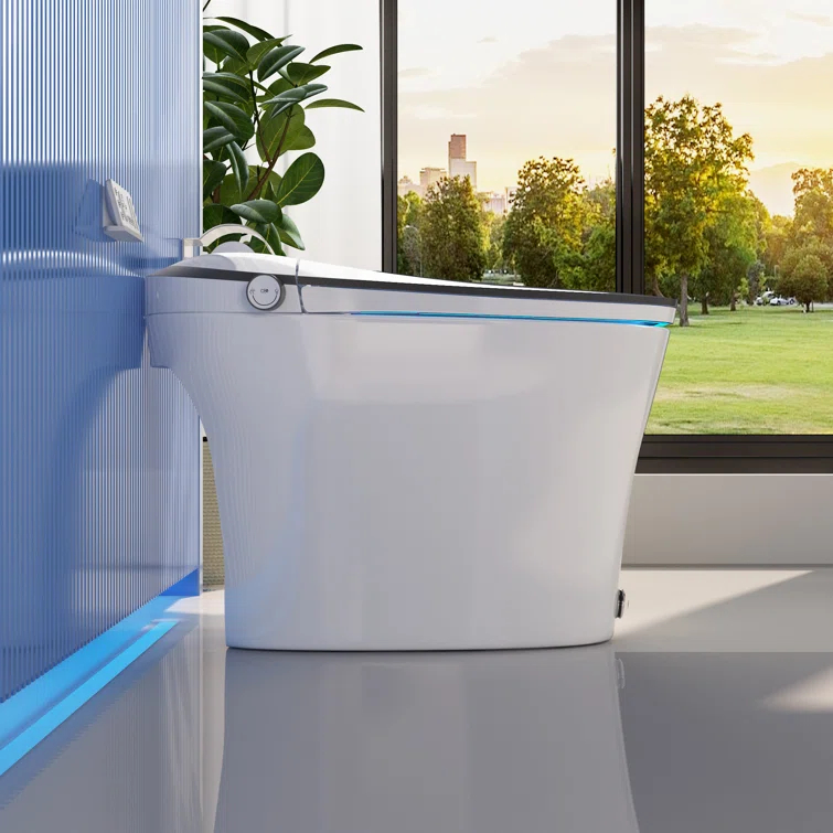Smart Toilet with Quiet-Closed Heated Seat, Foot Kick/Off-seat/Blackout/Remote Flush, Bidet Elongated Toilet with Tankless, Gentle Night light, Remote Control, Advanced