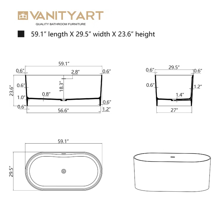 59" x 29.5" Freestanding Soaking Stone Resin Bathtub with Pure White Overflow and Pop Up Drain