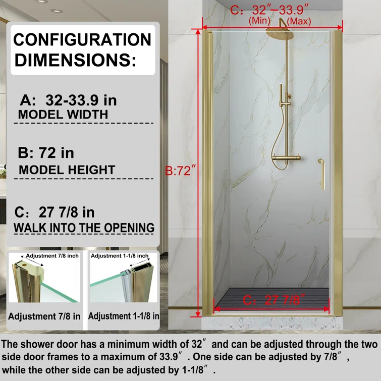32-33.5 in. W x 72 in. H Pivot Swing Frameless Shower Door with Clear SGCC Tempered Glass