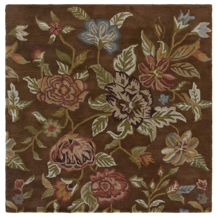 Emrick Hand Hooked Wool/Cotton/Latex Floral Rug in Brown
