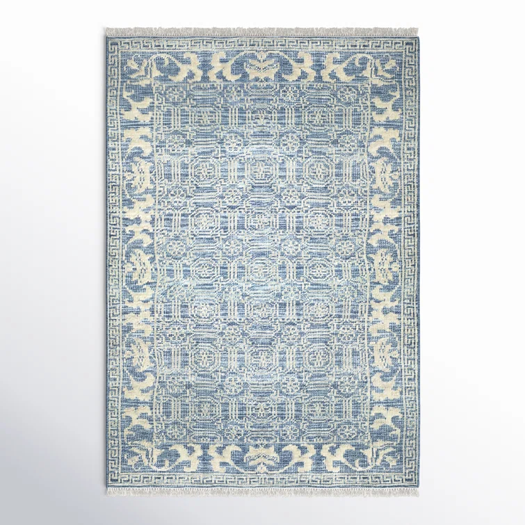 Addie Geometric Hand Knotted Wool Denim/Cream Area Rug