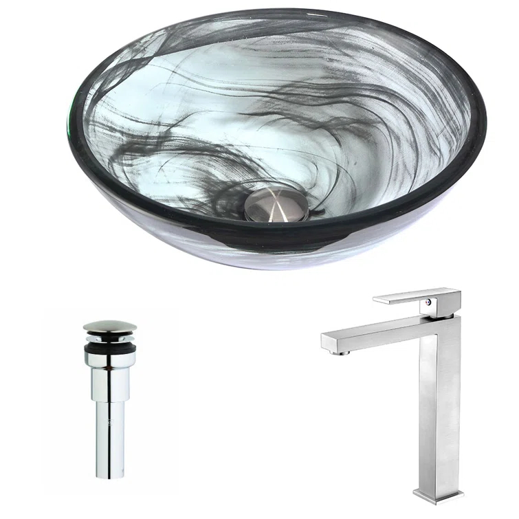 ANZZI Mezzo 16.5'' Emerald Wisp Tempered Glass Circular Bathroom Sink with Faucet