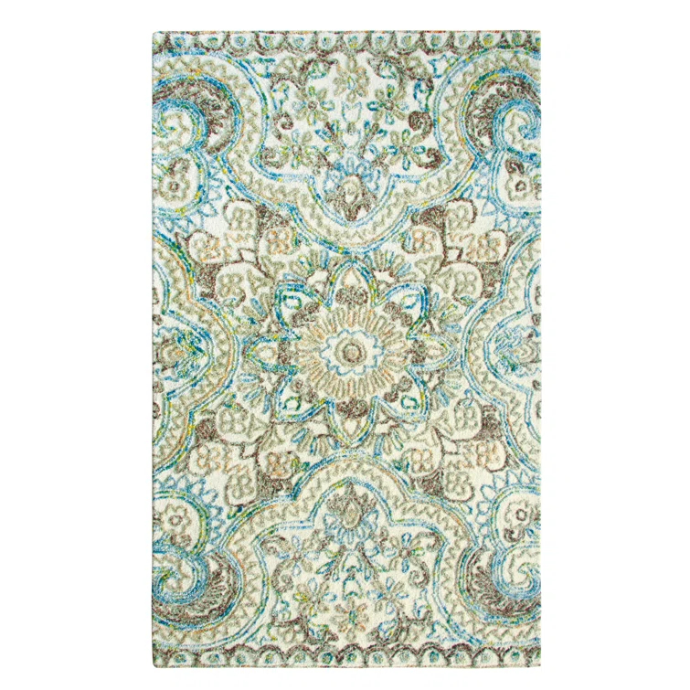 Agra Damask Handmade Tufted Wool Beige/Blue Area Rug