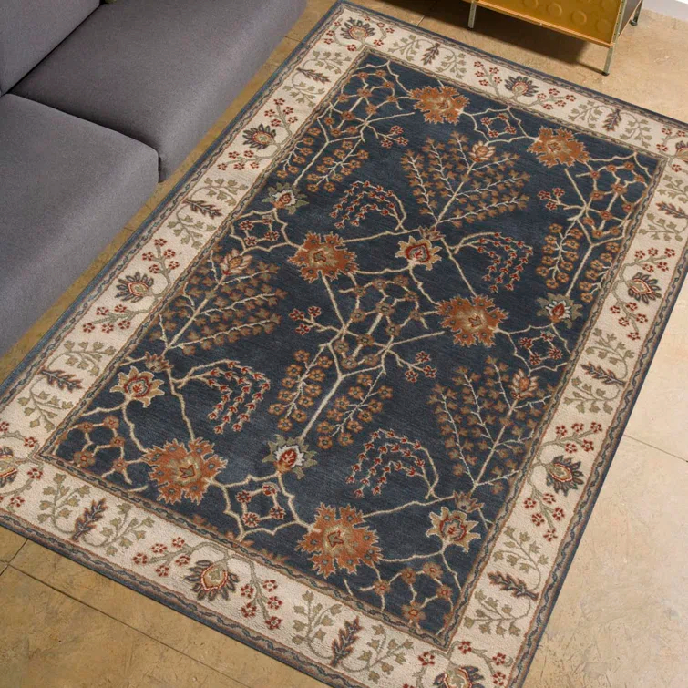 Poeme Wool Area Rug in Dark Blue/Cream/Orange