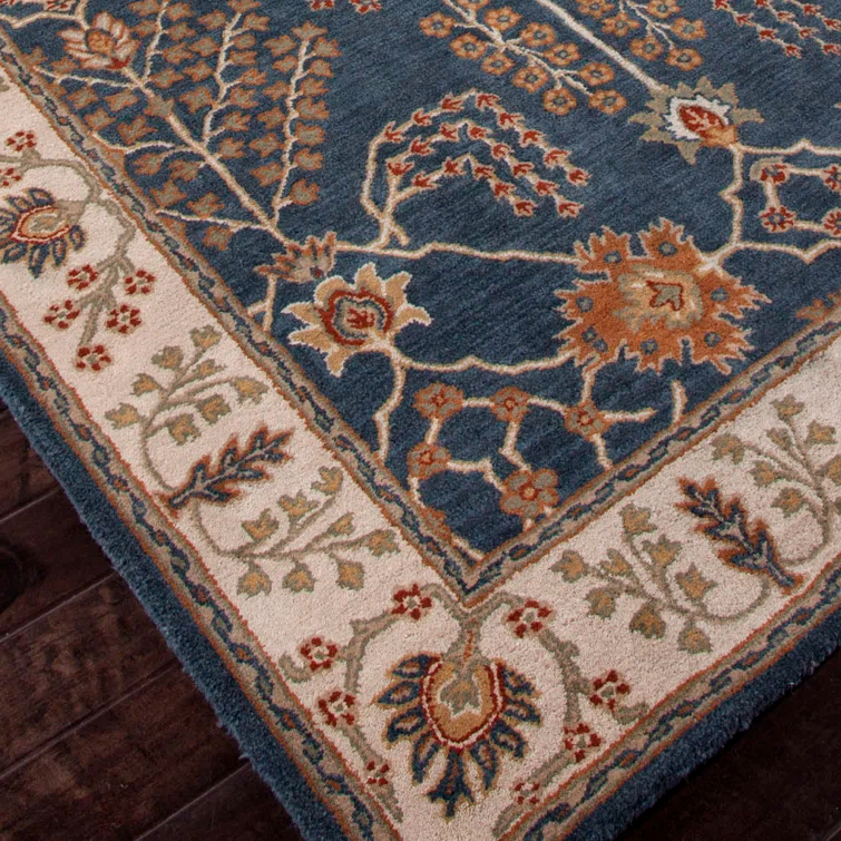 Poeme Wool Area Rug in Dark Blue/Cream/Orange