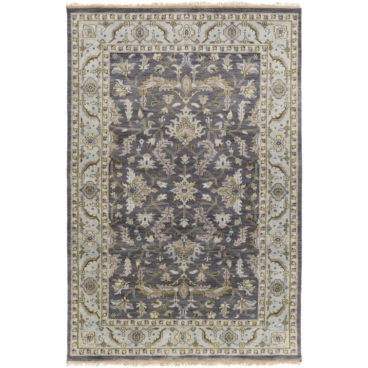 Hand-Knotted Blue and Charcoal Wool Rectangular Rug