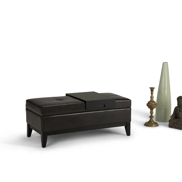 Simpli Home Oregon 42"W Upholstered Storage Ottoman Bench with Lift-Top Lid and Tray