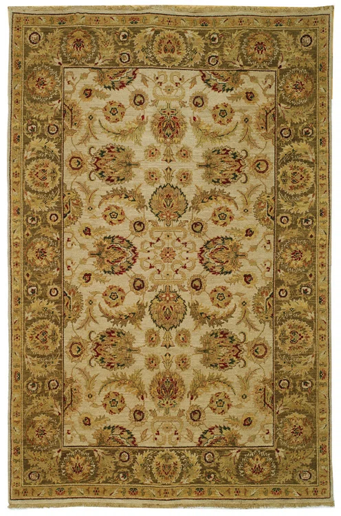 Ivory and Green Hand-Knotted Wool 8' x 10' Area Rug