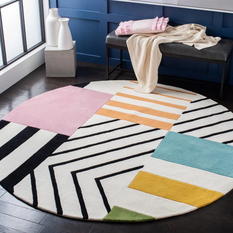 Tripoli Handmade Wool Ivory/Black/Pink Rug