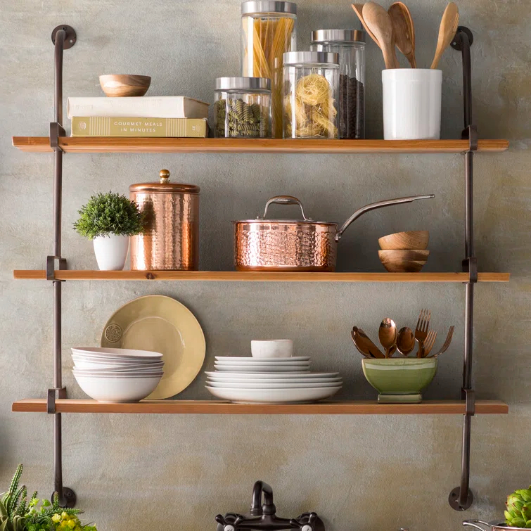 Wood 3 Level Wall Shelf with Black Metal Brackets