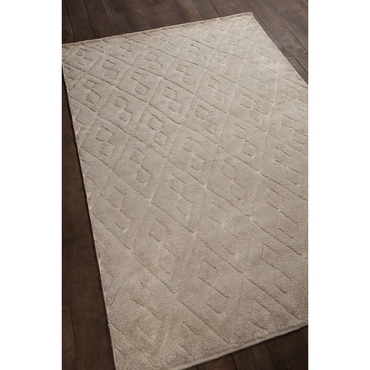 Ivory Geometric Hand-Knotted Wool 5' x 7' Rug