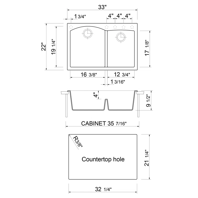 33'' L Drop-In Double Bowl Granite Kitchen Sink