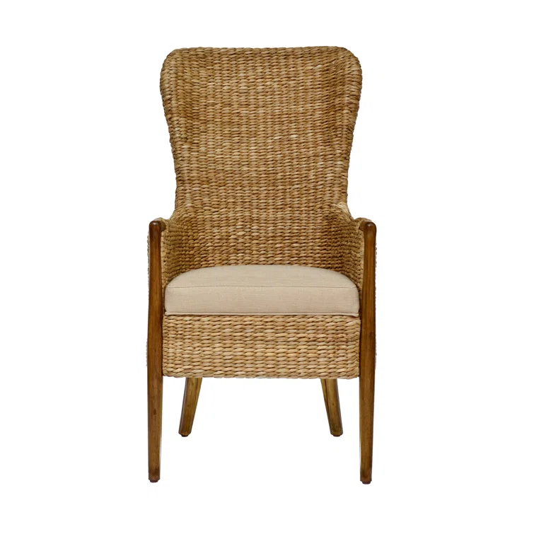 High Back Brown Rattan Arm Chair with Flax Upholstery