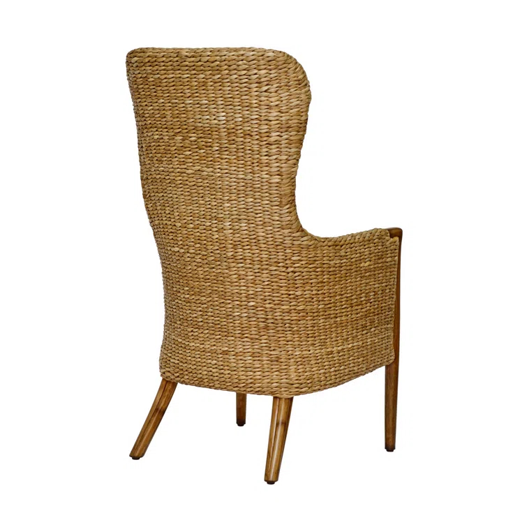 High Back Brown Rattan Arm Chair with Flax Upholstery