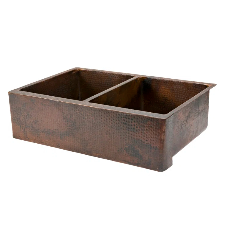 Premier Copper Products KA50DB33229 33" Hammered Copper Apron Front 50/50 Double Basin Kitchen Sink
