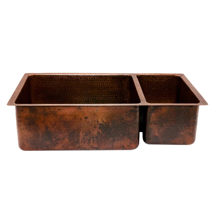 33" Hammered Copper Double Basin Drop-in Kitchen Sink
