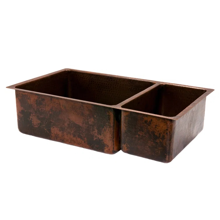 33" Hammered Copper Double Basin Drop-in Kitchen Sink