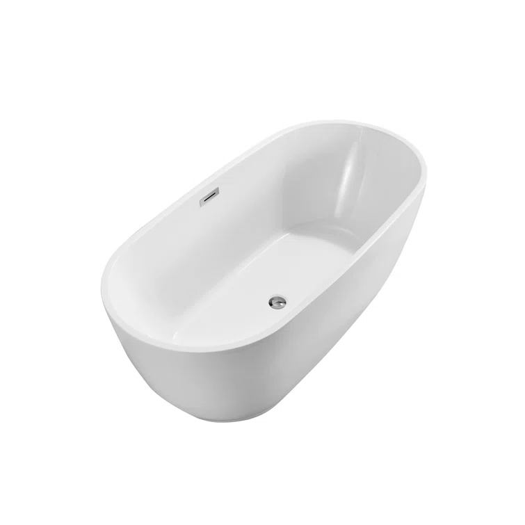 59" Streamline Freestanding Soaking Acrylic Bathtub With Drain and Bamboo Tray